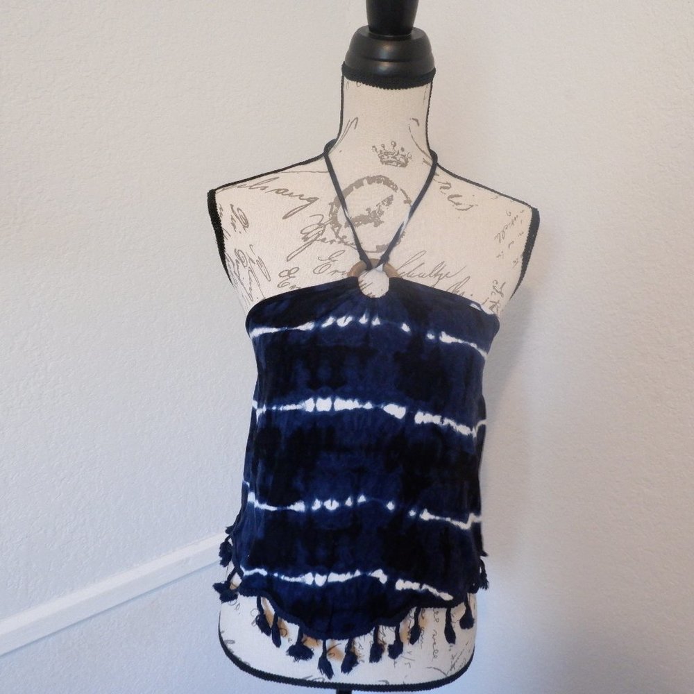 Blue & White Tie-Dye Halter w/ Hanging Tassels